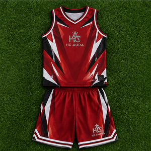 Ensemble d'uniformes de basketball unisexe très demandé, noir et rouge, sublimé, col en V, sans manches, anti-humidité, coupe athlétique, logo personnalisé - Product Image 3