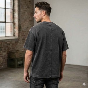 Camiseta de Algodón Tejido de 350 g/m² Personalizada, Color Negro Deslavado, Estilo Vintage, Corte Holgado, Ropa Urbana para Hombre, Secado Rápido - Product Image 4