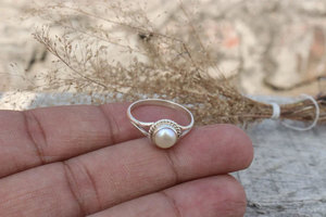 Minimalist Pearl <b>Ring</b> Silver Plated Brass Dainty Round Pearl <b>Thin</b> Band Elegant Handmade Jewelry for Women Gift - Product Image 3
