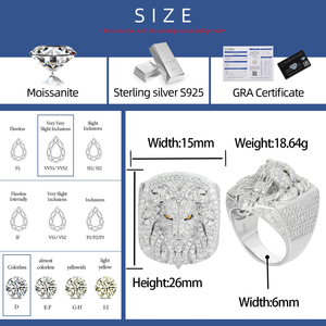 Moissanite Diamond Lion Head <b>Ring</b> 925 <b>Silver</b> Iced Out Animal Design Luxury <b>Statement</b> <b>Ring</b> for Men Hip Hop Jewelry Gift - Product Image 5