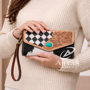 Hand-Tooled Hair On Leather Women Wallet Clutch Long Western Style Checkered Design Cowgirl <b>Wristlet</b> Purse With Turquoise Stone - Product Image 1