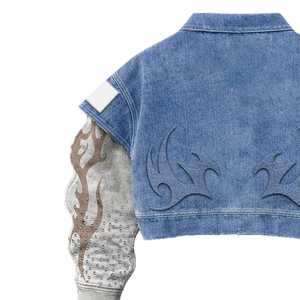 Chaqueta vaquera personalizada con cremallera, mangas con efecto llama, estilo urbano, informal, corta, estilo Y2K, para mujer y unisex. - Product Image 3