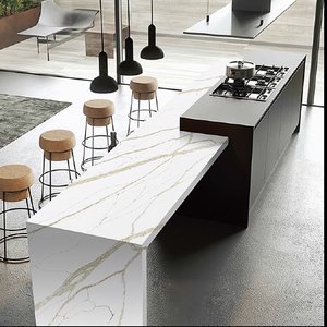 Calacatta Almond Quartz Kitchen <b>Island</b> Countertop Artificial Stone Mosaic Fireproof Modern Design Wall <b>Table</b> Top - Product Image 1