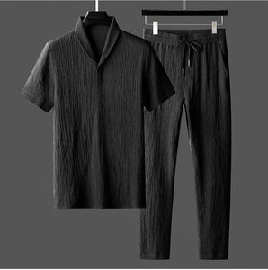 Ensemble deux pièces tricoté pour homme, été, chemise et pantalon, manches courtes, couleur unie, décontracté, taille élastique, séchage rapide, 240g, logo personnalisé - Product Image 2