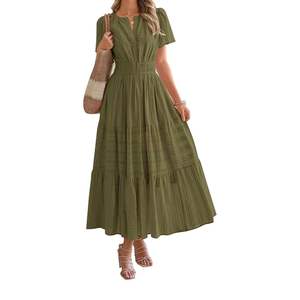 Vestido Largo Verde Oliva con Diseño Plisado, Estilo Boho Casual de Verano, Manga Corta, Producción de Fábrica - Product Image 3