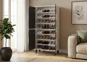 Meuble à chaussures de salon Essence Modern à 8 niveaux et 4 portes, démontable/DIY, SC410ZV, blanc/gris foncé, en aggloméré MDF, pour 20-23 paires de chaussures - Product Image 2