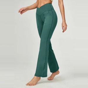 Pantalon large taille haute pour femme, couleur unie, taille élastique, poches, décontracté, longueur complète, tricoté, extensible en Spandex et Polyester - Product Image 2
