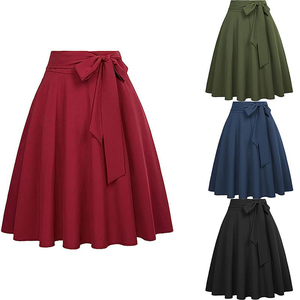 Jupe trapèze taille haute pour femme, longueur genou, en satin noir uni avec nœud décoratif, élégante, toutes saisons - Product Image 6