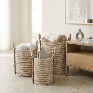 Natural Banana Bark Recycled <b>Plastic</b> Eco-Friendly Modern Storage <b>Basket</b> Set with Handles Tall Pot Planter Room Decor - Product Image 5