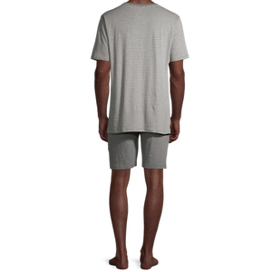 Conjunto de camiseta y pantalones cortos a rayas grises para hombre, cuello redondo, tejido, informal, transpirable, para verano - Product Image 3