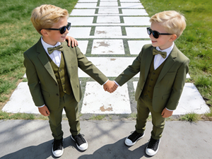 Ensemble de costume 3 pièces vert olive pour garçons avec gilet et nœud papillon |   Ensemble Blazer et Pantalon Formel pour Enfants pour Mariage |   Tenue de fête pour porte-parure - Product Image 1