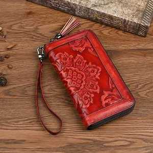 New High Quality Designer Genuine Leather Hand Tooled Florals Carved Clutch <b>Wallet</b> Vintage Multi Color <b>Lady</b> Portable Waterproof - Product Image 3