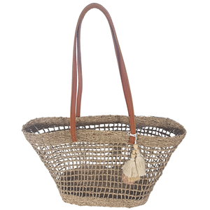 Sac fourre-tout vintage décontracté en jonc de mer tressé à la main avec poignée en cuir, sac de plage en paille naturelle à tissage ouvert - Product Image 3