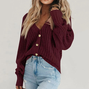 Women's Burgundy Knitted Cardigan V-Neck Full Sleeve Button Front Casual Autumn Wear 100% Acrylic Solid Color - Product Image 4