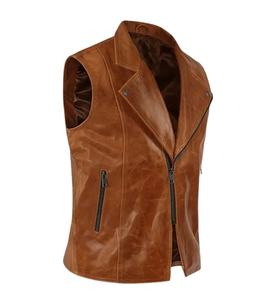 Gilet en cuir véritable marron antique respirant avec col rond, fermeture éclair latérale et style motard classique - Product Image 1