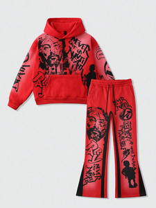 Ensemble survêtement polaire hiver unisexe avec sweat à capuche et pantalon évasé, broderie personnalisée effet vieilli, délavage acide, style streetwear - Product Image 6