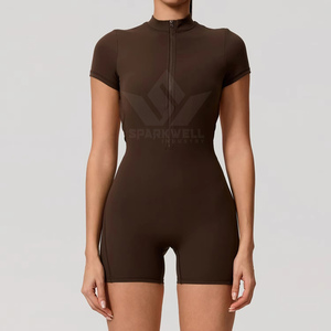 Women's Seamless Short Sleeve Turtleneck <b>Yoga</b> <b>Bodysuit</b> High Waist Zip Front Stretch Spandex Polyester Print Gym Fitness - Product Image 1