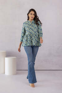 Green Colour Printed Long <b>Sleeves</b> Mandarin Collar <b>Top</b> For Women Featuring Lightweight Fabric Modern Style Comfortable Fit - Product Image 6