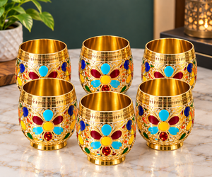 Luxury Gold <b>Enamel</b> Floral Drinking <b>Cups</b> Set of 6 Decorative Metal Tumblers Traditional Indian Drinkware - Product Image 4