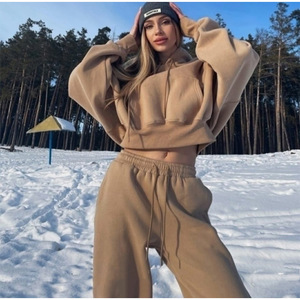 Women's Solid Hooded Winter <b>Tracksuit</b> Set Full Sleeve Loose Fit Cotton Sweatshirt and Pants Casual Outfit With Drawstring Closur - Product Image 1