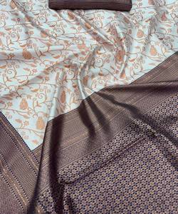 Sari en coton et soie Litchi RICH LOOK avec broderie, chemisier non cousu, tenue de fête, prix de gros, vêtement ethnique multicolore - Product Image 6