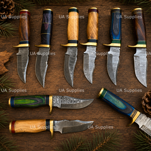 Cuchillo de caza de hoja fija de acero de Damasco forjado a mano DIY OEM de venta caliente con mango de madera Pakka y funda de cuero, afilado como una navaja. - Product Image 3