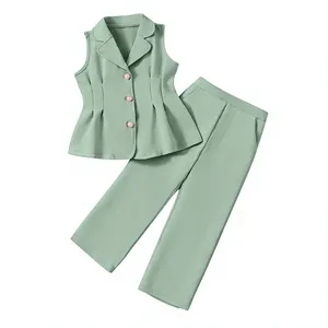 Girls Sleeveless Peplum <b>Blazer</b> and Straight Leg Trousers <b>Set</b> Kids Sage Green 2 Piece Formal Vest & Pants Suit - Product Image 1