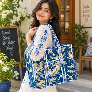 Blue Floral Panelled Classic High Quality <b>Patchwork</b> Cotton Women's Tote <b>Bag</b> Large Capacity Zipper Closure Water Resistant Open - Product Image 2