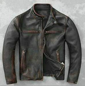 Veste moto en cuir véritable pour homme, écologique, col en V, noir, col rabattu, fermeture éclair, coupe classique, vêtements d'hiver - Product Image 5