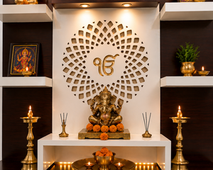 Glossy Finish Hand Carved <b>Mandir</b> For Pooja Room IkOnkar Design Modern Teak Wood Temple Sikh Religious Brown Wooden Pooja Cabinet - Product Image 6