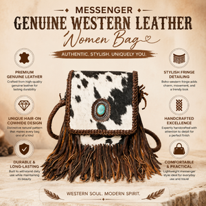 Sac bandoulière artisanal en cuir de vachette à poils, avec franges et garniture tressée, orné de concho turquoise, style western bohème pour femme - Product Image 5