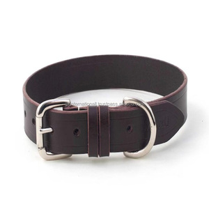 Luxury Genuine leather dog collar Dark Brown Thick Saddle leather dog collar with nickel brass roller buckle and loop - Product Image 2