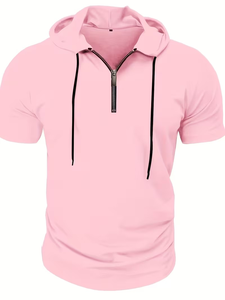 Men's Pink Hooded Henley Jersey T-Shirt Short Sleeve Regular Fit Solid Color Casual Knitted Pullover 200g - Product Image 4