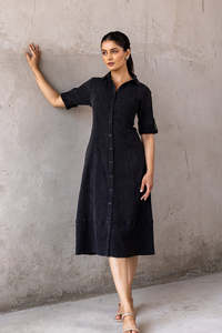 Vestido Camisero de Pana con Cuello Camisero, Manga Corta, Largo Midi, Color Sólido, Informal, para Uso Diario, Tejido Transpirable - Product Image 5