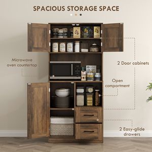 71\" Modern Farmhouse <b>Kitchen</b> <b>Pantry</b> Storage Cabinet with Microwave Oven Countertop Adjustable Brown Wood Shelves - Product Image 5