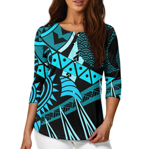 Chemises décontractées d'été boutonnées pour femmes en gros, T-shirts personnalisés à imprimé vintage polynésien, chemises à manches sept-quarts par sublimation - Product Image 5