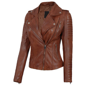 Women's Genuine <b>Leather</b> Moto <b>Jacket</b> Full Sleeve Stand Collar Zipper Closure Autumn Style Brown Color Women's thick <b>leather</b> coat - Product Image 1