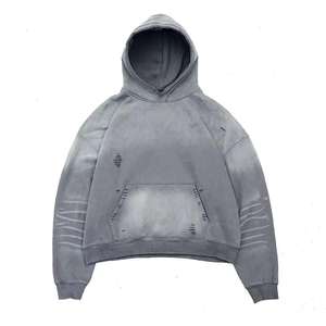 เสื้อฮู้ดดี้สตรีทแวร์ผ้าฟลีซสำหรับผู้ชายสไตล์วินเทจแบบทำสีซีดจาง ลวดลายสาดสี ล้างสีแบบแอซิดวอช ไม่มีลายพิมพ์ - Product Image 2