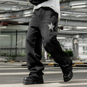 Pantalon décontracté unisexe en denim délavé de haute qualité, style vintage respirant, streetwear hip-hop Y2K avec patch brodé étoile - Product Image 6