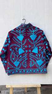 Velvet Mandarin Collar Eco-Friendly Woven Loose Fit Casual Dress Blue Floral Embroidery Vintage Suzani Handmade - Product Image 3
