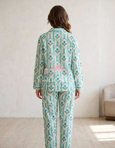 Handmade Cotton Pajama Set for Women Hand Block Print Long Sleeve Button <b>Down</b> Shirt and Matching Straight Leg Trousers - Product Image 4