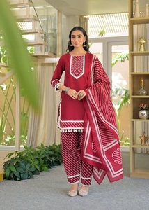 Twin Feet Women's Premium Lehriya Farsi Design Pure Cotton Kurti & Pant with Dupatta Suit Set Lace work & Embroidery - Product Image 3