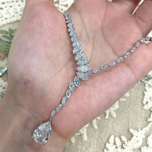 Custom VVS Moissanite Cuban Chain Link Lariat <b>Necklace</b> Pear Cut Drop Pendant 925 Silver Wedding Bridal Jewelry Luxury <b>Statement</b> - Product Image 1