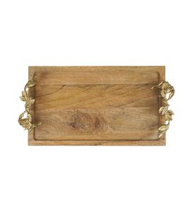 Bandeja de servir rectangular de madera de 42 cm de largo, 22 cm de ancho y 4 cm de alto, con asas decorativas de hoja y metal dorado. - Product Image 3