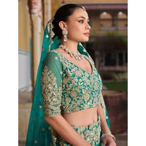 Teal Green <b>Sequins</b> Net Wedding Lehenga Choli Set with Dupatta for Women - Product Image 4