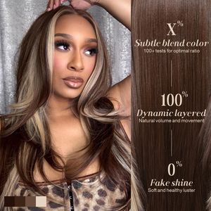 Parrucca marrone senza colla da donna con frangia e ciocche, pre-tagliata, sintetica, con frontale in pizzo, pre-piumata, design Peekaboo, effetto capelli umani - Product Image 3