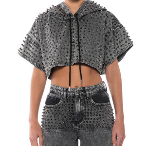 Haut court en jean style punk pour femme avec rivets, manches chauve-souris, délavé, couleur unie, pour l'automne - Product Image 5