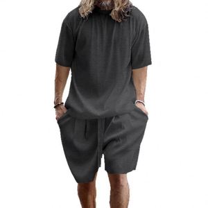 Men's Plus Size Light Blue <b>Knitted</b> Casual Short Sleeve T-Shirt and Shorts <b>Set</b> Summer Wear Solid Color Comfortable Loose Fit - Product Image 2