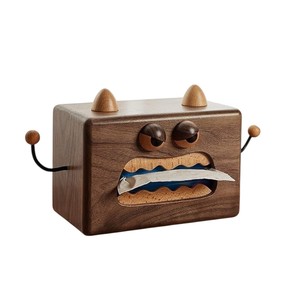 Boîte à mouchoirs en bois créative en forme de monstre robot, support décoratif mignon en noyer pour serviettes, distributeur de papier facial de bureau pour la maison - Product Image 1