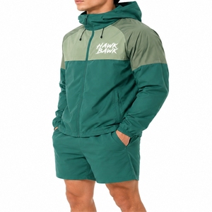 <b>Men</b>’s Color Block Windbreaker Hooded Jacket And <b>Shorts</b> Set Lightweight Hooded <b>Long</b> Sleeves Elastic Waist Side Pockets Jacket - Product Image 3